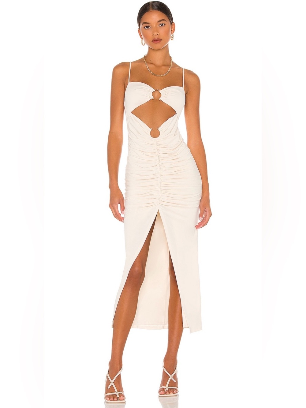 Camila Coelho Cream Ruched Midi Dress with Front Cutout